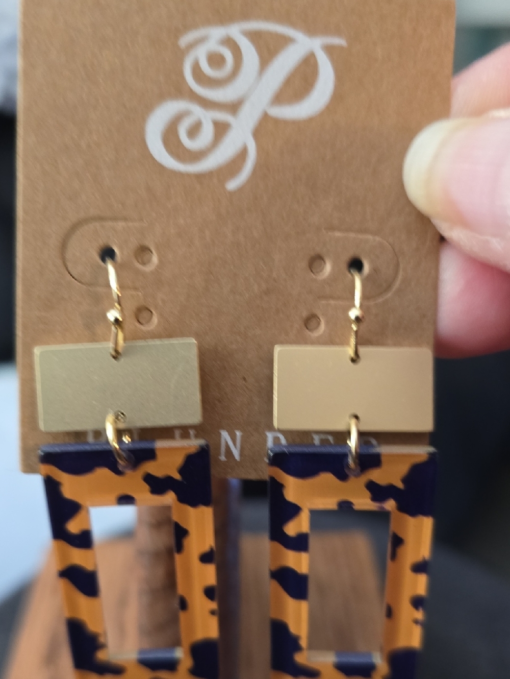 Plunder Gold and Navy Tortoise Rectangle Drop Earrings